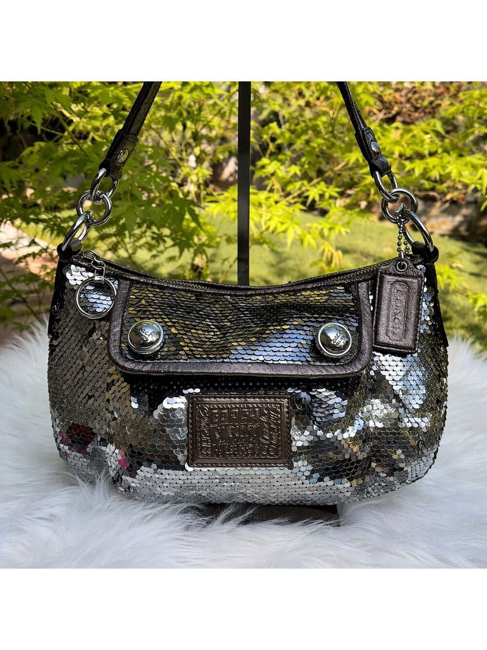 Coach Poppy Y2K Silver Sequin Groovy Shoulder Crossbody Hand Bag